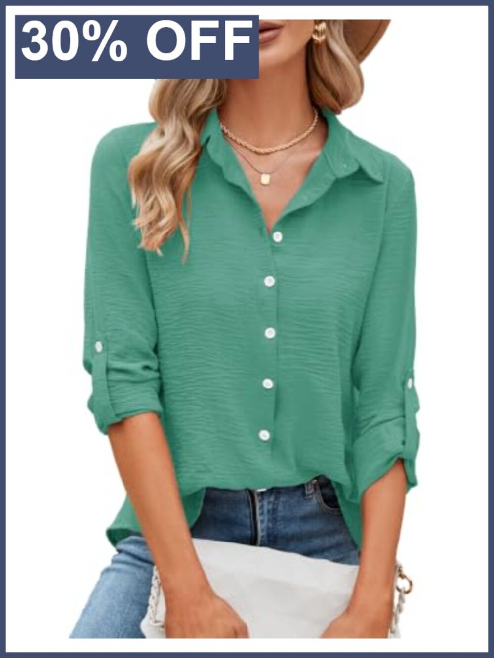 Womens Button Down Shirt Loose Fit Rolled 3/4 Sleeve Blouse Business Casual Top